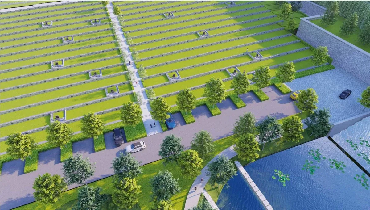 Official design visual of The Garden's terraced Feng Shui burial grounds, parking and lotus pond
