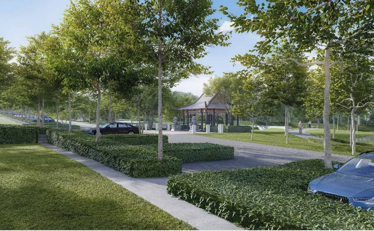 Official design visual of The Garden's landscaped approach, visitor parking and pavilion
