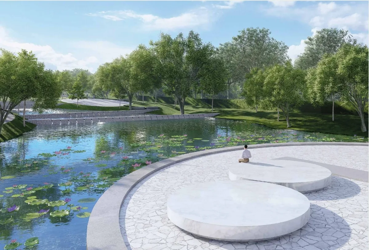 Official visual of the lotus pond and round marble seating at The Garden