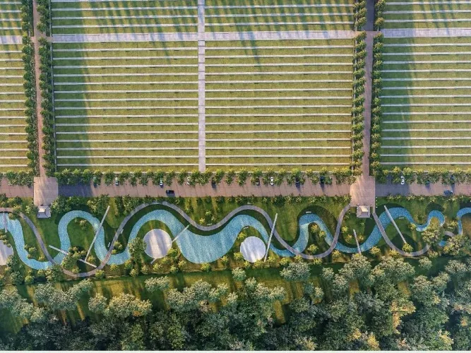 Official design overview of The Garden's winding river landscape and adjacent burial terraces