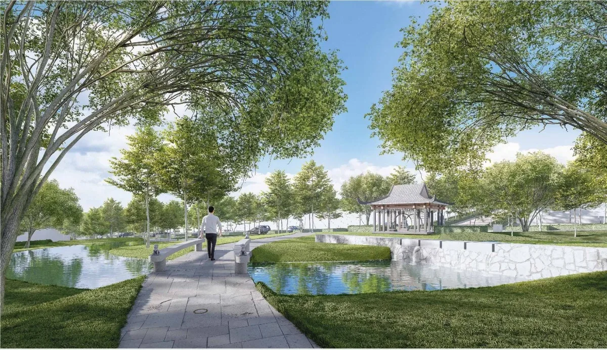 Official visual of a tree-lined walkway crossing The Garden's waterways