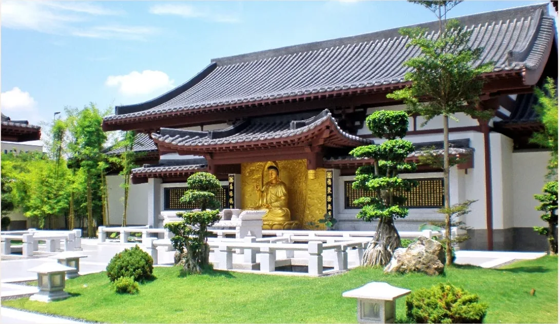 Buddhist courtyard, Guanyin relief and landscaped garden at Purple Bamboo Grove, Nirvana Shah Alam
